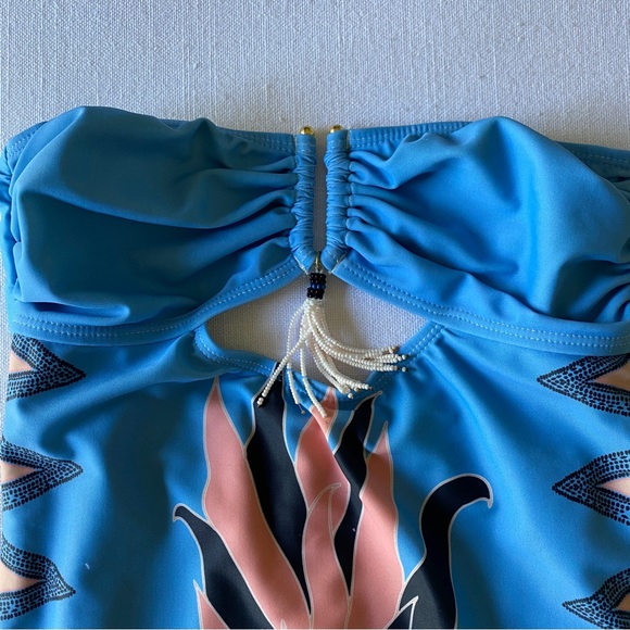 Blue Strapless Swimsuit with Pineapple and Bead Tassle Detail - Picture 4 of 9